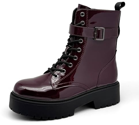 SLIWIUY Women's Chunky Heel Wine Patent Leather Combat Boots, Ankle Booties with Side Zipper & Lace-Up Detail – Stylish, Edgy & Comfortable (Red, US Footwear Size System, Adult, Women, Numeric, Medium, 10)