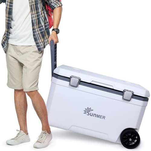 SUNMER Wheeled Cooler Box 70L - PU Foam Insulated Ice Chest with 72-Hour Cold Retention - Cool Box on Wheels with Drain Plug & Cup Holders - Large Ice Cooler Box for Camping & Beach - White