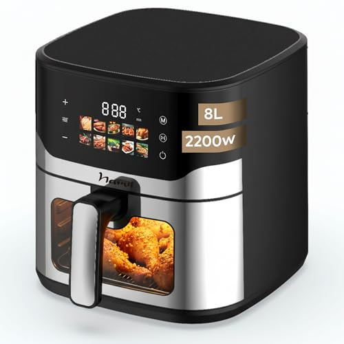 NARVI - Freidora de Aire Doble Resistencia 8L - 2200W - Ventana Visible - 10 Menús - Cocción Sin Girar Alimentos - 80–200°C - Panel Digital Táctil Apta para Lavavajillas sin BPA ni PFOA