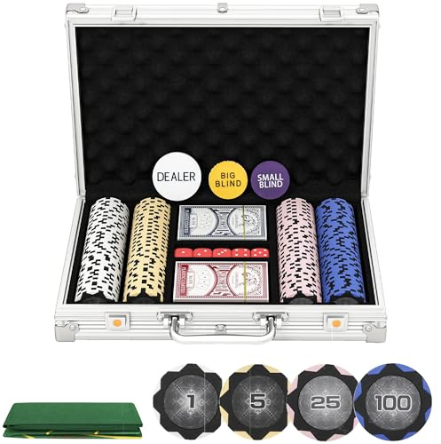 SPORTNOW set poker con serratura con valigetta 200 fiches carte 5 dadi mazzi di carte con bottone, set completo poker giochi di carte valigetta in alluminio per Texas Hold'em, Blackjack