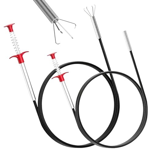 2 Piece Pipe Cleaning Spiral Gripper Set (200 cm + 90 cm), Drain Spiral with Claw Gripper and Telescopic Handle, Flexible Drain Cleaner for Kitchen, Bathroom and Toilet