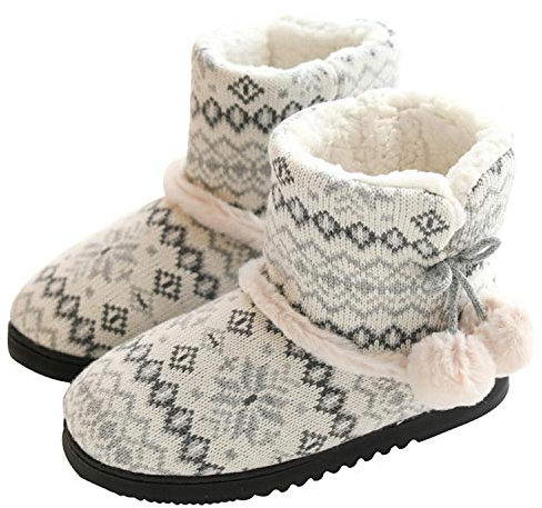 tqgold® Hausschuhe Damen Mädchen Plüsch Hausstiefel Winter Pantoffeln Stiefel Hüttenschuhe Hüttenstiefel Fell Warm Slipper Grau Größe 39 40