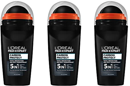 L'Oréal Men Expert Desodorante para hombres, 5 en 1 contra la formación de olores, humedad, bacterias y residuos blancos para hasta 48 horas de frescura, Carbon Protect – 3 x 50 ml