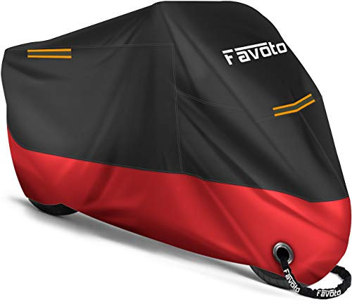 Favoto Housse de Protection Imperméable pour Moto Couverture 210D avec Bande Réfléchissante Résistant aux Poussière Pluie Neige UV Vent Soleil Déjections d'oiseaux, 245x105x125cm Noir+Rouge