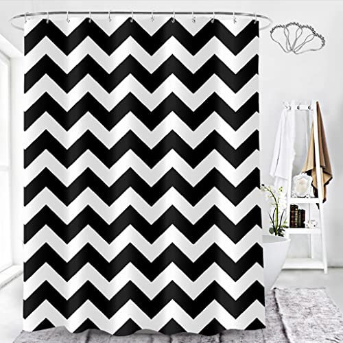 DeKeLaiFu Striped Fabric Black and White Shower Curtain Set with Steel Hooks, Simple Modern Chevron Shower Curtains Bathroom Curtains Decor Mould Proof Resistant Weighted Waterproof, 180x180 cm