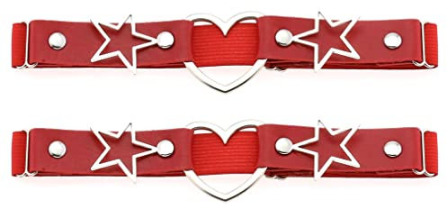 2 Stück Damen Sexy Gothic Leder Bein Strumpfband Einstellbar Metall Herz Stern Bein Choker Strumpfband Gürtel Elastische Oberschenkel Garters Gürtel Punk Oberschenkel Ring Metall Bein Ring,Rot