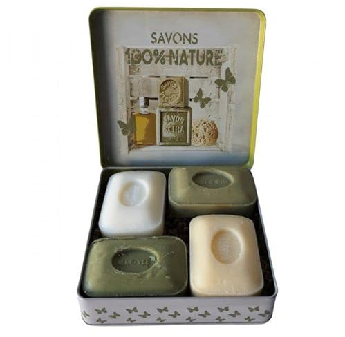 Coffret cadeau 4 savons Le Sérail et boîte en métal nature- parfums Lait d'ânesse, aloé vera, huile d'argan, beurre de karité- fabrication traditionnelle à Marseille