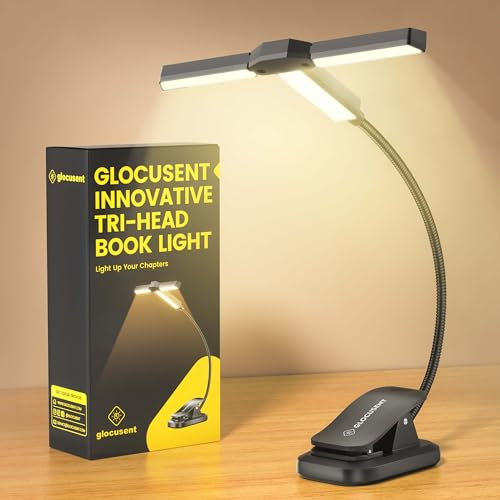 Glocusent Innovative Tri-Head Leselampe Buch Klemme, 3 Farben & 5 Helligkeitsstufen, 1000 mAh Aufladbare Buchlampe mit 30-Minuten-Timer, 10 bis 100 Stunden, Perfekt für Buchliebhaber