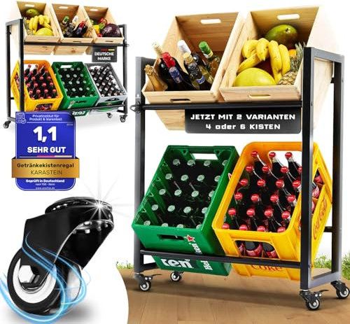 KARASTEIN® Getränkekistenregal mit Rollen für 4 Kisten – Schwerlast bis 150 kg Traglast – Bierkistenregal & Wasserkistenregal für Keller, Garage oder Abstellraum
