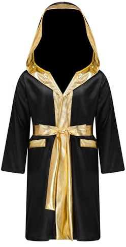 HULIJA Bata de boxeo para niño, uniforme de manga larga, kickboxing, chaqueta mixta de artes marciales Muay Thai, abrigo de entrenamiento con capucha + cinturón de entrenamiento deportivo, Negro ,