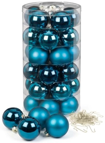 Inge Glas Weihnachtskugeln mit Haken | Schöne Christbaumkugeln aus Glas | Set 30 Kugeln und 40 Aufhänger | Christbaumschmuck Weihnachtsbaumkugeln (Deep Blue | blau)