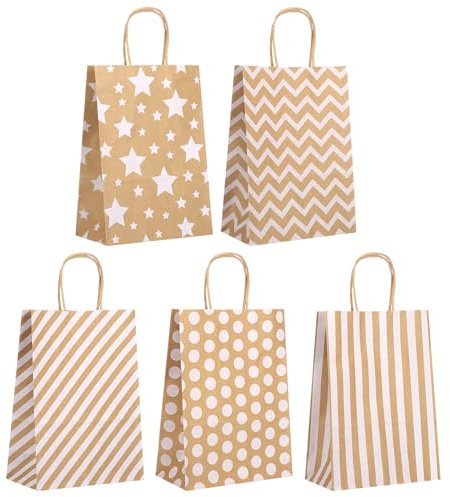 25 Stück Papiertüten Braun mit Henkel, 15 x 21 x 8 cm Geschenktüten Klein Kraftpapier Tüten mit Henkel für Geburtstag Hochzeit DIY Adventskalender (5 Stile)
