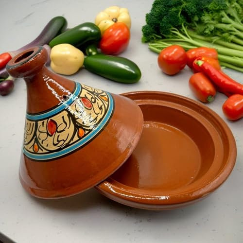 Tajine XL 35 cm aus Terrakotta, handbemalt, traditioneller marokkanischer / tunesischer Topf + kostenloses E-Book 1404251123