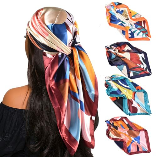 JSTHHTT Set de 4 bandanas, pañuelo cuello mujer, bandana mujer, diseño cuadrado, estampado de satén de seda, hijab bufanda cuadrada accesorios para el cabello de seda (90 * 90 cm)