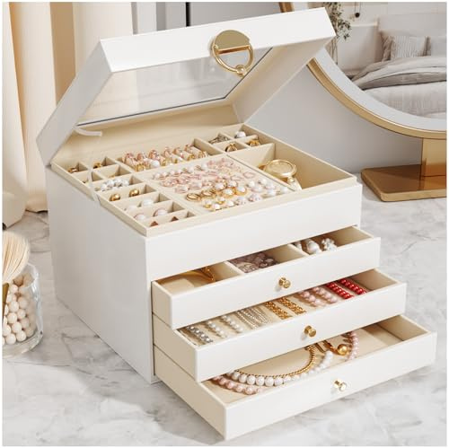 OrderlyGo Grande boîte à bijoux avec 4 niveaux - Couvercle transparent - Doublure en velours - Organisateur de bijoux pour boucles d'oreilles, colliers, bracelets - Boîte de rangement moderne pour