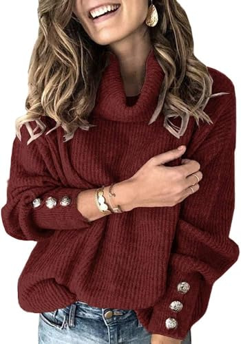 Wenrine Pull à col roulé pour femme - Manches longues - Décontracté - Chaud - Tricoté avec boutons en métal