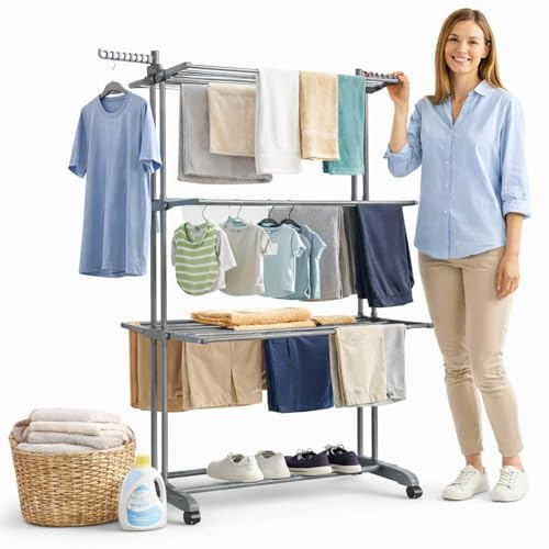 MELTA. Étendoir à Linge Compact 4 Niveaux Pliable avec roulettes - Séchoir Grande Capacité 63,5 x 76 x 183 cm, Acier Robuste, Gain de Place, Intérieur et Extérieur