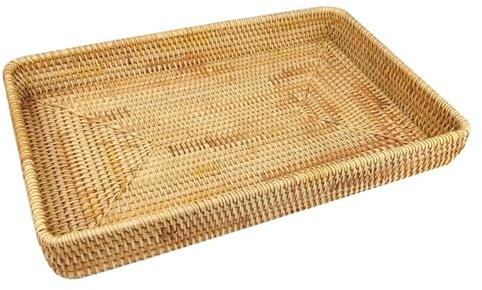 Bandeja De Ratán para Servir, Bandeja Rectangular De Ratán Tejida a Mano, Bandeja Organizadora De Escritorio, Cestas Decorativas De Mimbre para Organizar La Mesa, Baño, Encimera De Cocina (L)