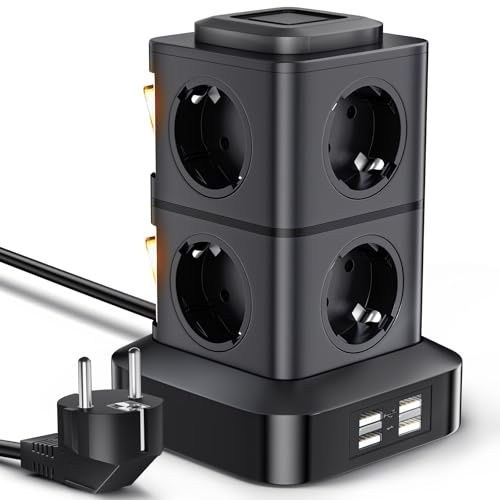 AOKBON Torre Regletas Enchufes 8 Tomas de AC y 4 Regleta USB Enchufe Multiple 2500W/10A Regletas Vertical 3 Metro Regleta Enchufes Proteccion Sobretension con Interruptor para Casa,Mesa, Oficina