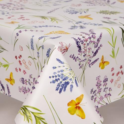 Home Expressions Spring Pvc Wipe Clean Vinyl Table Cloth/Protector Textile Backing, Cream Ground with Butterflies, Flowers, Ferns, Lavender Sprigs (200cm x 140cm Rectangle)