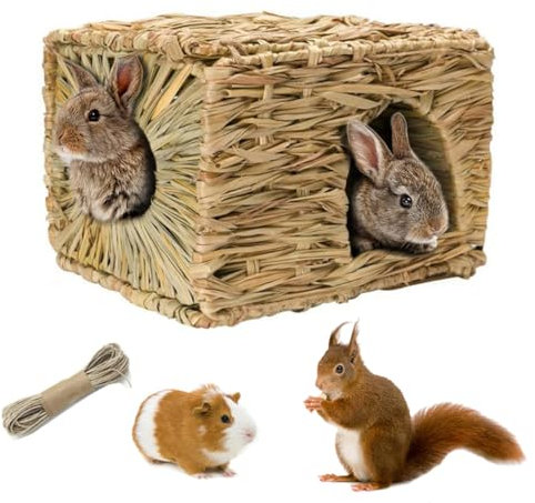 Hamiledyi Grashaus für Kaninchen, 2 Stück, natürliches, handgewebtes Seegras, zum Spielen, Heubett, faltbar, gewebtes Versteck für Kaninchen, Hamster, Meerschweinchen, Chinchilla, Kleintiere