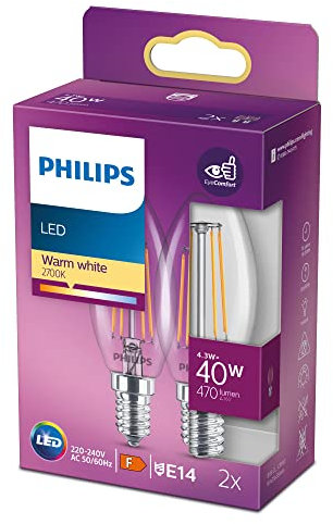 Philips LED classic Lampe E14, Kerzenform, 40 W, warmweiß (2700), 470 Lumen, Glas, 2er Pack, Weiß