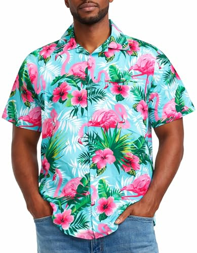 King Kameha Camisa Hawaiana Hombre de Manga Corta con Estampado de de Flamenco Colorido, Flamingo-Flowers, Turquesa-Rosa, L