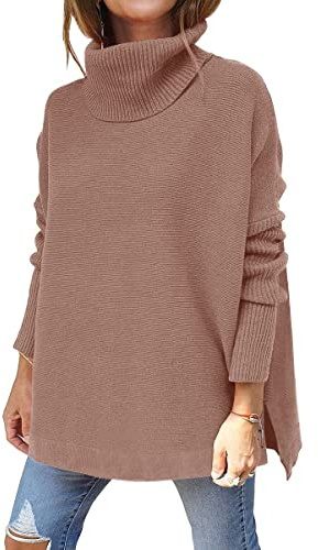 Rayson Suéter de Cuello Alto Mujer Jersey de Punto Casual de Color Sólido Jersey de Cuello Vuelto Manga Larga Caliente en Invierno（Marrón,XL