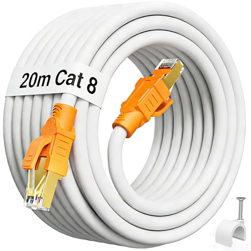 Nätverkskabel Cat8 20m, Vit Ethernet Cable Extremt Långa Patchkabel Rj45 Hög Hastighet Skyddad Internetkabel S/FTP 40Gbps 2000MHz Rj45 Lan Kabel 20 Meter Ethernet-Kabel