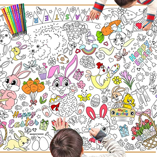 HOWAF Mantel Pascua Mantel para Colorear de Pascua Orejas de Conejo Huevos Pascua para Pintar Conejos de Pascua Huevos de Pascua Mantel Papel Mantel Pollitos Pascua Manteles de Mesa para Pascua Niños
