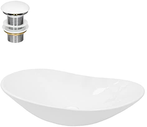 ECD Germany Lavabo Ovale en Céramique, 640x365x130 mm, Blanc, avec Garniture de Vidage 1 1/4, pour Lavabo sans Trop-Plein, Vasque à Poser, Évier Moderne, Lave-Mains, Cuvette Salle de Bain Toilette