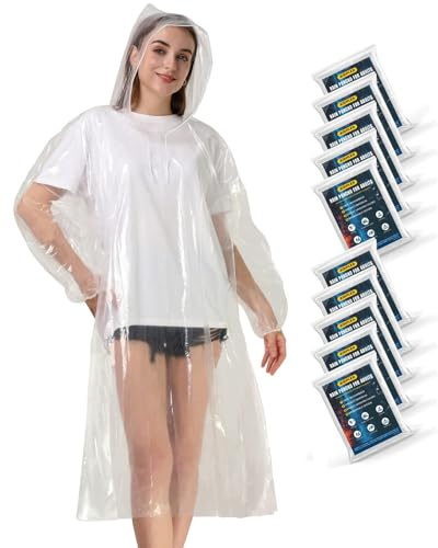 Airpler Rain Ponchos for Family Adults 10 Pack (Clear) - Disposable Adult Rain Poncho with Drawstring Hood