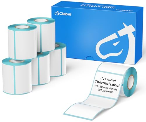 CLABEL 6 rollos de cinta de etiquetas blanca 40x30mm para impresora de etiquetas 220B 221B 230B 320B etiquetas térmicas autoadhesivas para máquina de etiquetado, 200 etiquetas/rollo (1,57x1,18)