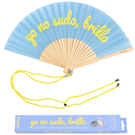 Fisura - Originale ventaglio yo no sudo, brillo. Ventilatore a mano in legno moderno e divertente. Ventaglio blu e giallo. Si illumina al buio. Misure: 42,5 x 23 cm.