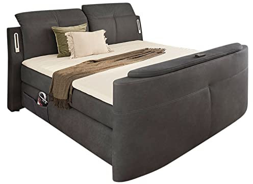 Home4You Boxspringbett - Dunkelgrau - Mikrofaser - 180 x 200 cm - elektrisch ausfahrbare TV-Halterung