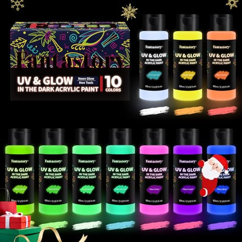 Fantastory Leuchtfarben Nachtleuchtend Farben 10x60ml, wasserfeste Acrylfarbe Glow in the Dark Farbe und Schwarzlicht Farbe, für Halloween Steine, Leinwände. Acrylic Paint Set (Mildcolor Serie)