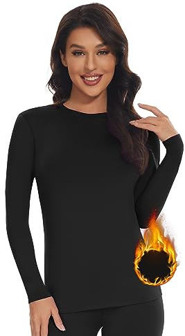 SIMIYA Thermal Tops Womens Round Neck Soft Base Layers Long Sleeve Top Women Thermal Underwear Shirt Warm Wicking (Black, XS)