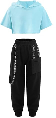 Freebily Sportdräkt för flickor crop top kortärmad huvtröja och cargobyxor metallkedja träningsoverall dans jazz hiphop streetwear