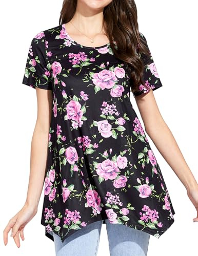 Enmain Womens Tunic Tops Short Sleeve Ladies Tunics Casual Loose Summer Top for Leggings Longline Black Floral Blouses T-Shirts Round Neck 2XL