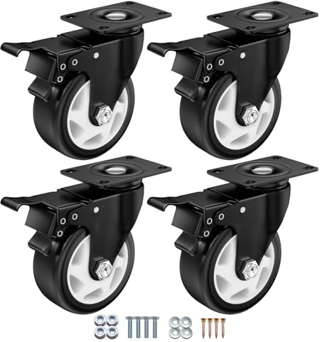 4 Inch Caster Wheels, Casters Set of 4, ASHGOOB Casters with Brake Heavy Duty 1400 Lbs, Industrial Locking Swivel Top Plate Castor Wheels for Workbench/Furniture/Cart.（AB Switch, Double Pedal Brake