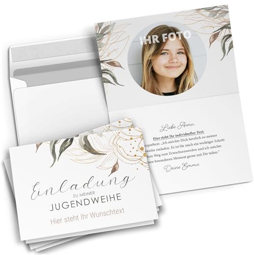 10 PERSONALISIERTE Jugendweihe Einladungskarten mit eigenem Text und Foto - Modern und stilvoll Jungen und Mädchen - Einladungen mit Umschlägen