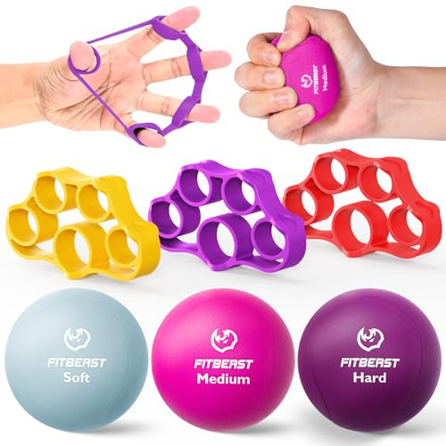 FitBeast Entrenador de Fuerza de Agarre – 6 Piezas Terapia de Mano con Ejercitador de Extensión de Dedos & Pelotas Antiestrés para Rehabilitación y Entrenamiento de Fuerza (6-Tonos Brillantes)