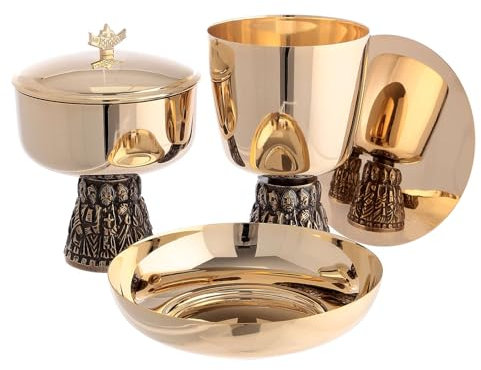 Holyart Cáliz copón Patena para ofrendas latón Dorado Base apóstoles Relieve románico, Ofertorio Patena