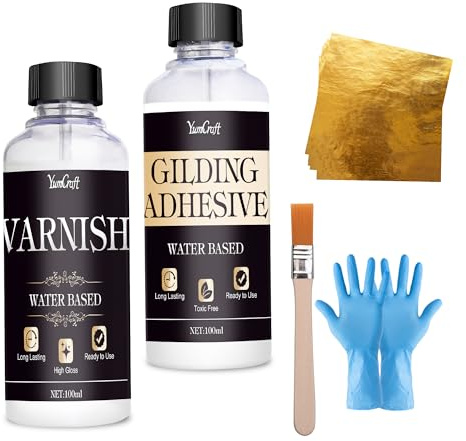 Gold Leaf Gilding Adhesive Set 200ml - 100ml Water-Based Glue, 100ml Gloss Varnish, 100 Gold Foil Sheets, Brush & Gilding Materials, Fast Dry for Art Craft Creation Jewelry Furniture Decoration