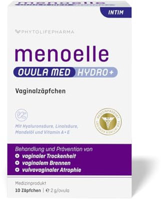 menoelle® OVULA med Hydro+ zur Behandlung von Scheidentrockenheit, Brennen, Juckreiz, Spannungsgefühl und gereizter oder entzündeter Vaginalschleimhaut – hormonfrei & regenerierend. 10 Zäpfchen.