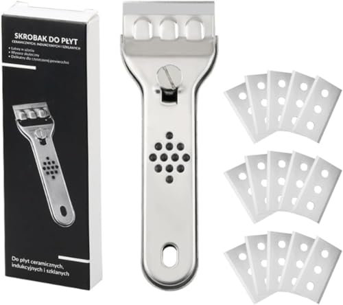 Grattoir vitrocéramique en acier inoxydable, grattoir pour verre de cuisine avec protection lame, grattoir pour table de cuisson en vitrocéramique avec 15 lames de rechange, grattoir plat induction