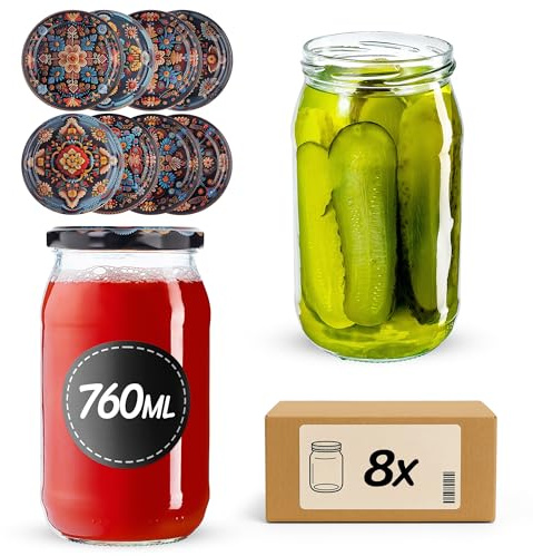 KADAX glasburkar set 760 ml med fi82 mm skruvlock, stora gurkburkar med Twist Off lock, konserveringsglas, fallburkar för gurkor, konkokburkar, skruvglas (symmetrisk, 8 stycken)