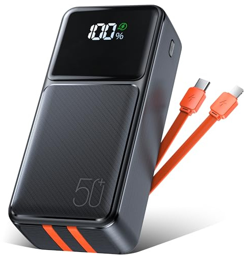 50000mAh Power Bank with 2 Cable, PD30W Batteria Esterna Caricatore Portatile Ricarica Rapida USB C con 5 Output 2 Input,Cavo Integrato Batteria Portatile Caricabatterie Portatile