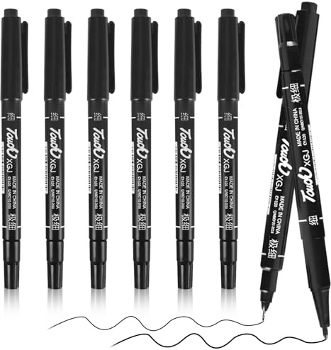JYSNOW 6 Pièces Marqueur Permanent, Marqueur Noir Indélébile de Nib Double, 0,5/1,0mm Pointe Fine, Sèche Vite, Résistant à l'eau, pour Carton, Plastique, Bois, Métal - Noir