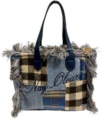 NAJ-OLEARI Borsa a Mano Donna in Tartan con Frange, Tessuto Ecopelle, 19,5x24x10 cm, Due Manici, Design Casual (Blu e Marrone)
